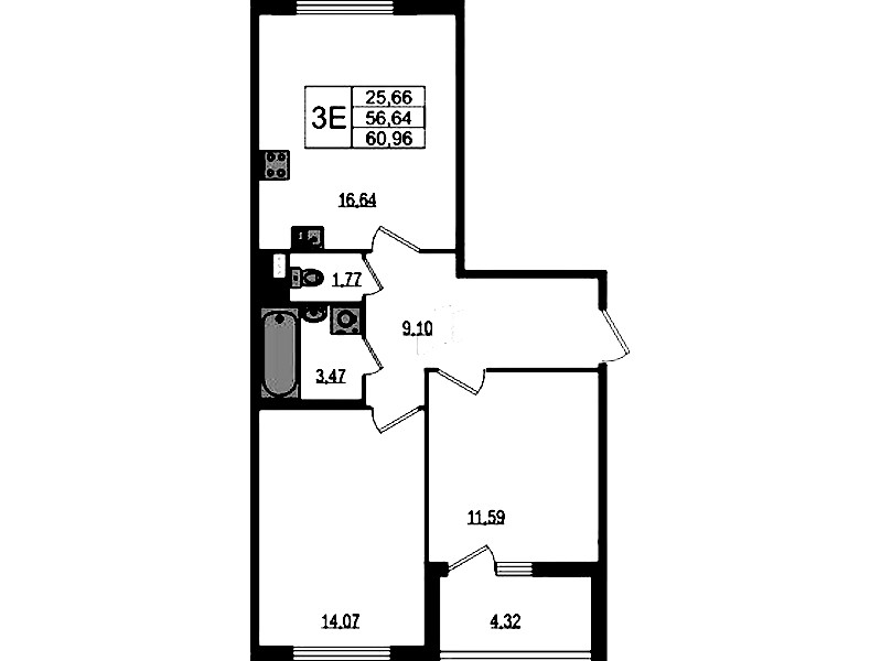 2-комнатная квартира 56.64 м², 1/4 эт., ЖК «Любоград в Стрельне»
